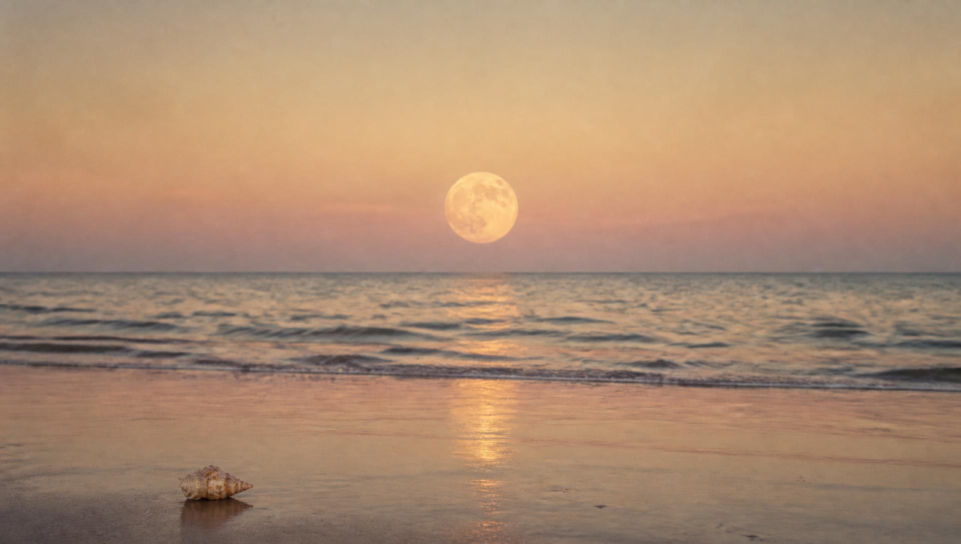 Luna llena sobre el mar en calma con una caracola en la orilla